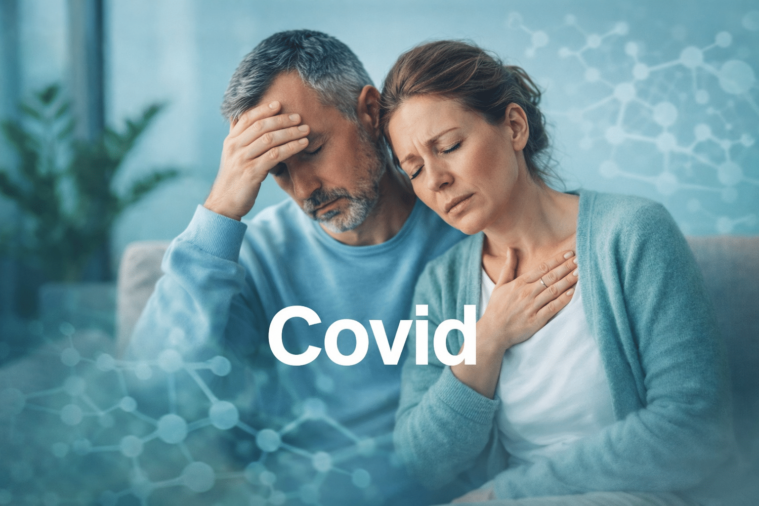 Paar mit Post- und Long-Covid-Symptomen zeigt Atembeschwerden und Erschöpfung