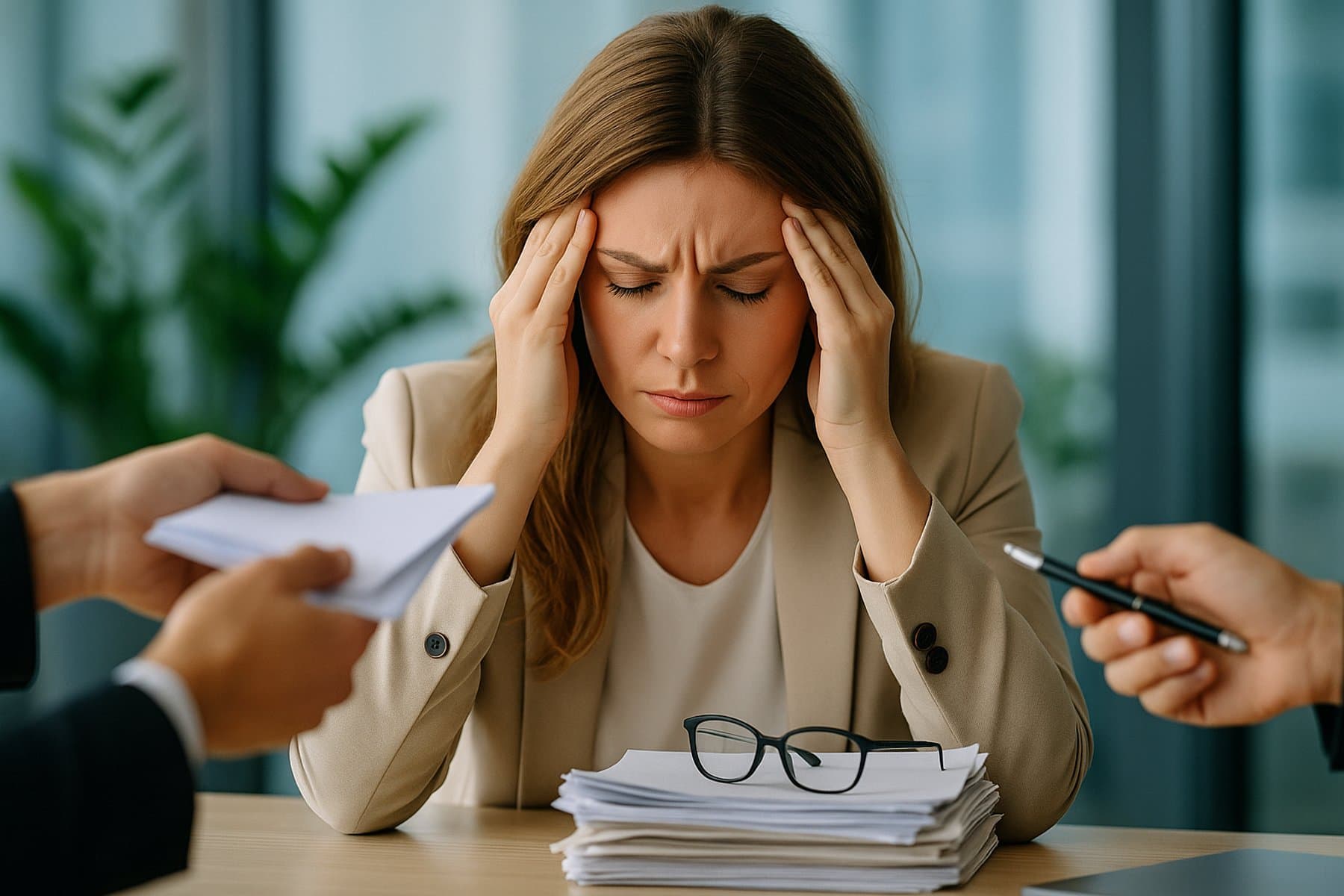 Gestresste Frau im Büro hält sich den Kopf, während ihr von beiden Seiten Unterlagen gereicht werden – Symbolbild für Stress, Burn-out und Schlafstörungen in der Praxis Nadine Herz in Potsdam.